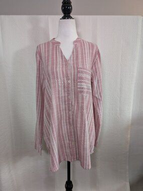 Stella Morgan Pink & White Striped Button Down Shirt Medium Coastal Beachy